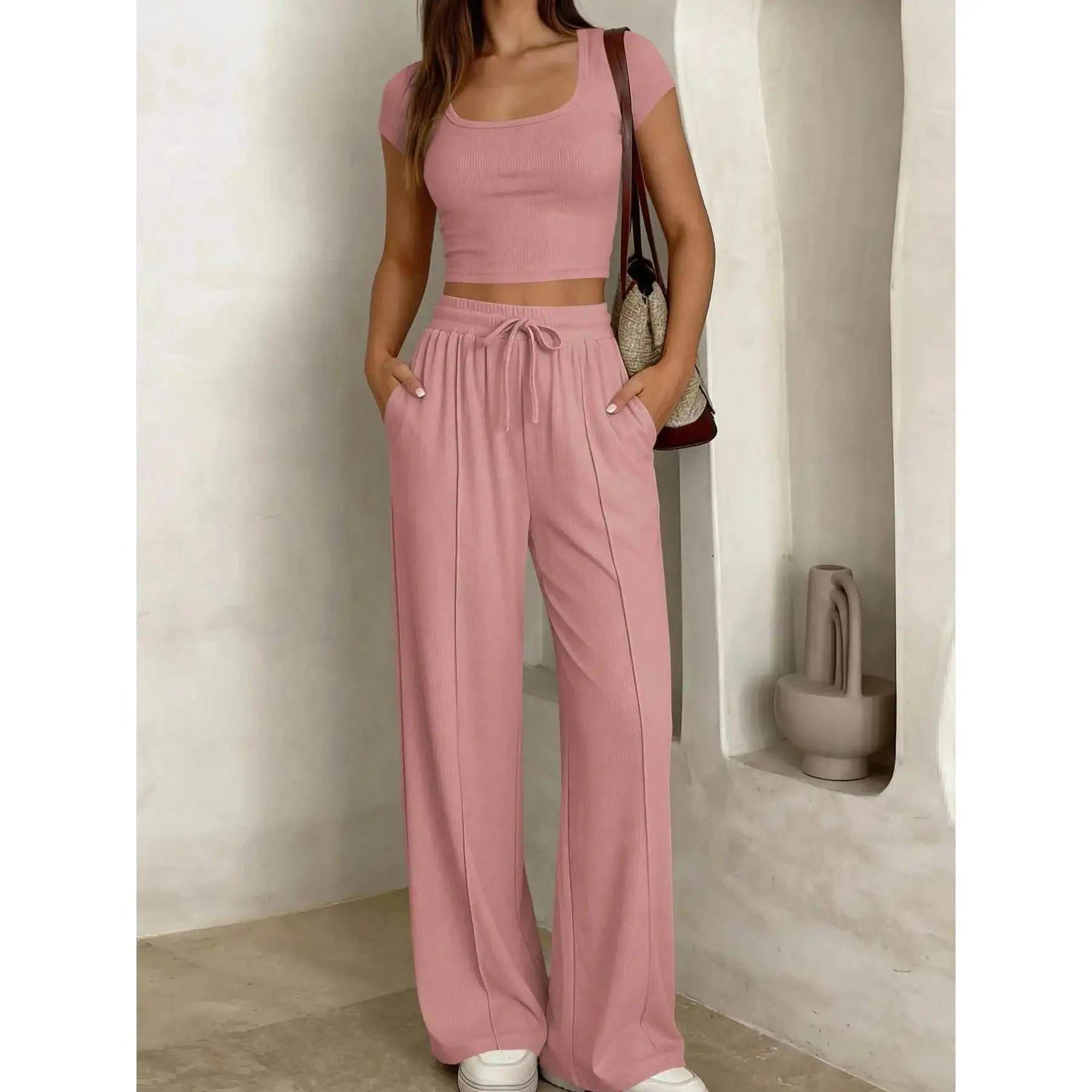 Trendy Casual Coordinated Matching Loungewear Set for Women Summer, Drawstring Short Sleeve Tee Matched with Loose Wide Leg Pants, Soft Home Outfit for Daily, Travel and Vacation Pajama Nightwear