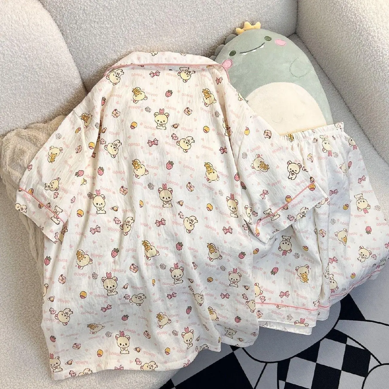 Cartoon Three Piece Set Pants Short Sleeves Kawaii Rilakkuma Pajamas Women's Summer Short Sleeves Shorts Student Home Suit Set