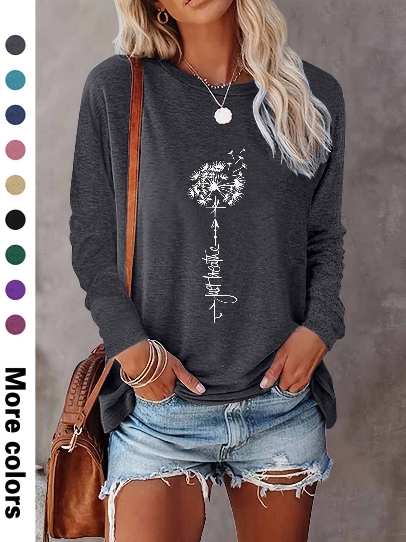 Women's Floral & Letter Print Crew Neck Tee, Fashion Casual Fitted Long Sleeve T-shirt for Daily Outdoor Wear, Ladies Clothes for Spring & Fall