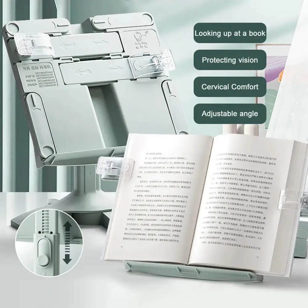 Foldable Book Stand for Reading, Hands Free Books Holder, Angles Height Adjustable Book Holder with Paper Clip for Textbook Cookbooks Music Tablet Green