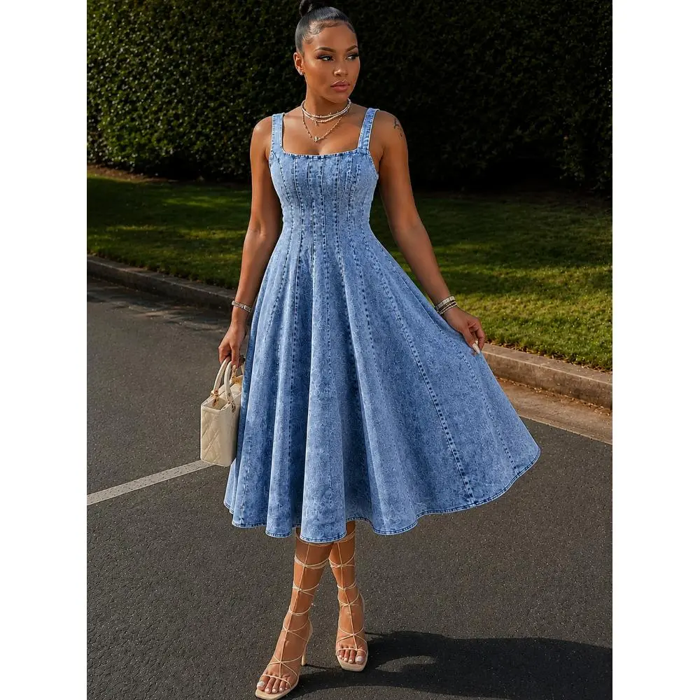 Women's denim retro washed old dress heavy industry women's slim fit tight medium and long denim dress