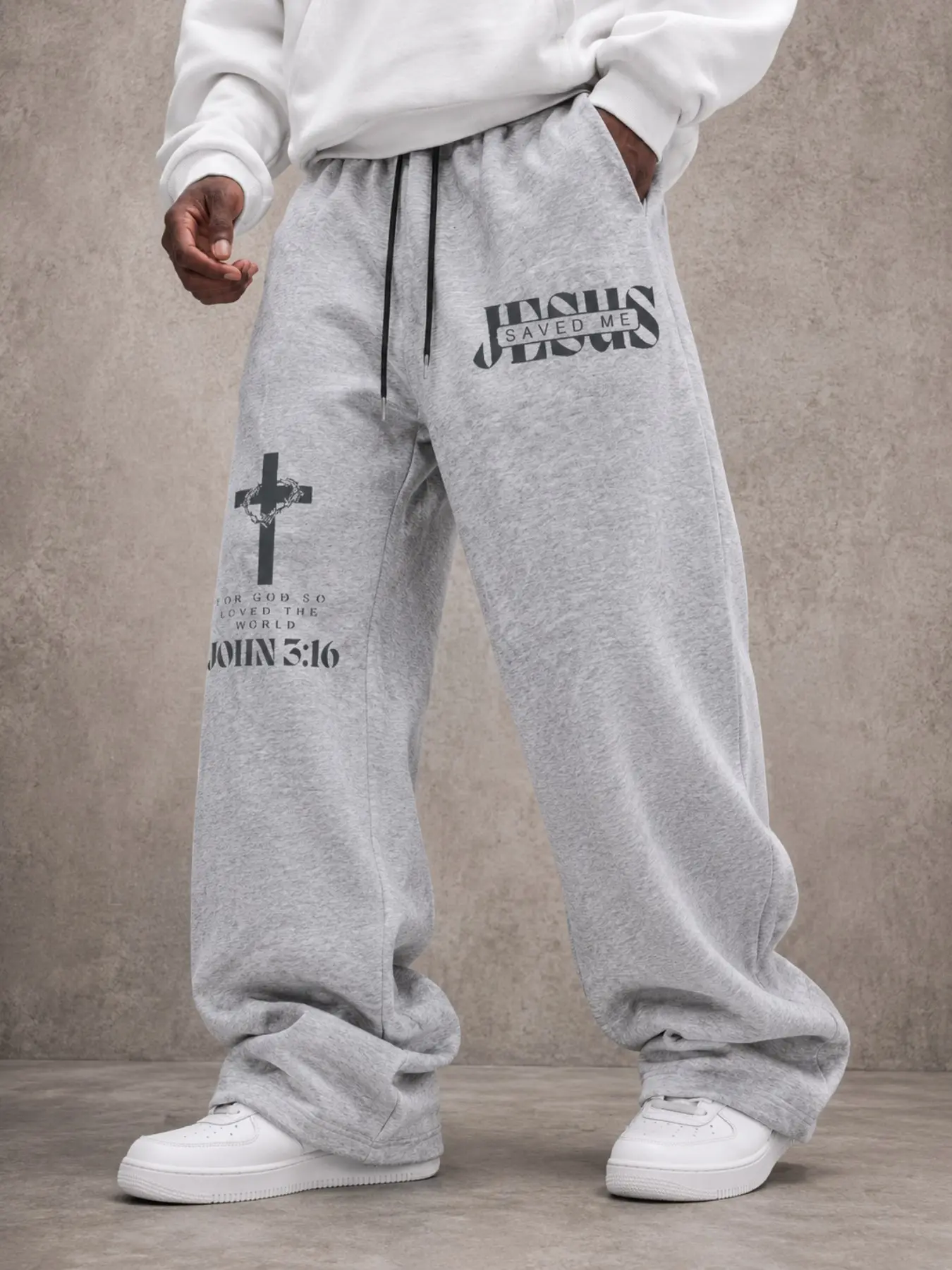 Men's Black Christian Graphic Sweatpants, Loose Baggy Wide-Leg Drawstring Pants with White Cross, Bible Verse and Faith Slogan Prints, Retro Y2K Faith Streetwear for Campus Looks, Church Events, Travel, Festivals, Casual Outings, Weekend Wear, and Styling