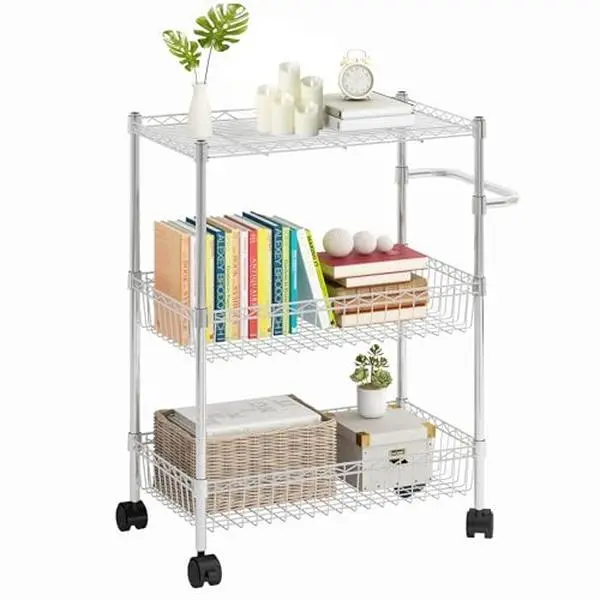 GARVEE3 Tier Rolling Cart with Metal Frame and Wire Shelving, Available in Chrome and Black, Features Baskets and Handles, Ideal for Kitchen, Bathroom, Office, Laundry, and Snack Storage