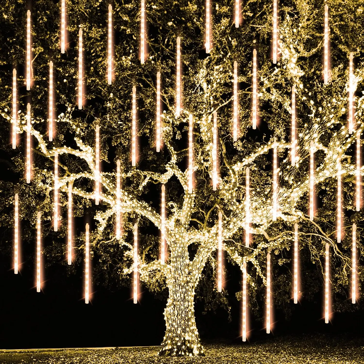 Christmas Meteor Shower Lights Outdoor, 288 LED 12" 8 Tubes  Christmas Lights Outdoor Plug in, Snow Falling Rain Icicle Xmas Light Decorations, Warm White
