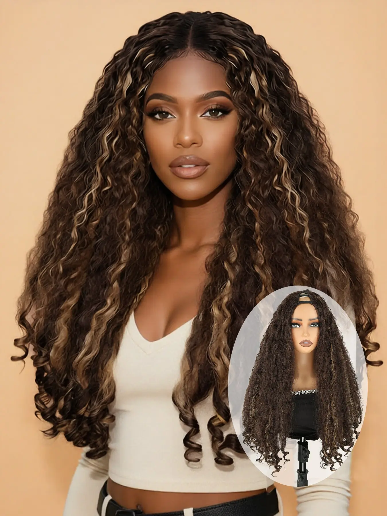 26-Inch Deep Highlights Light U-Shape Half Wig, Curly Synthetic Hair, Invisible Clips, Adjustable Strap, Perfect for Events