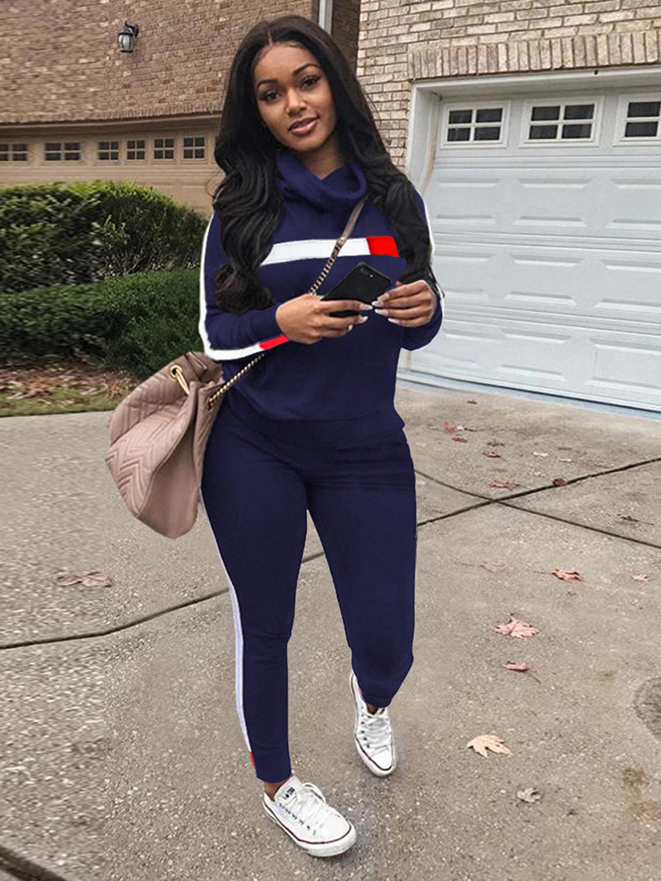 Women's Patchwork Sweatshirt & Pants Set, Casual Long Sleeve High Neck Pullover & Trousers, Women's Fall & Winter Clothes for Daily Wear, Womenswear