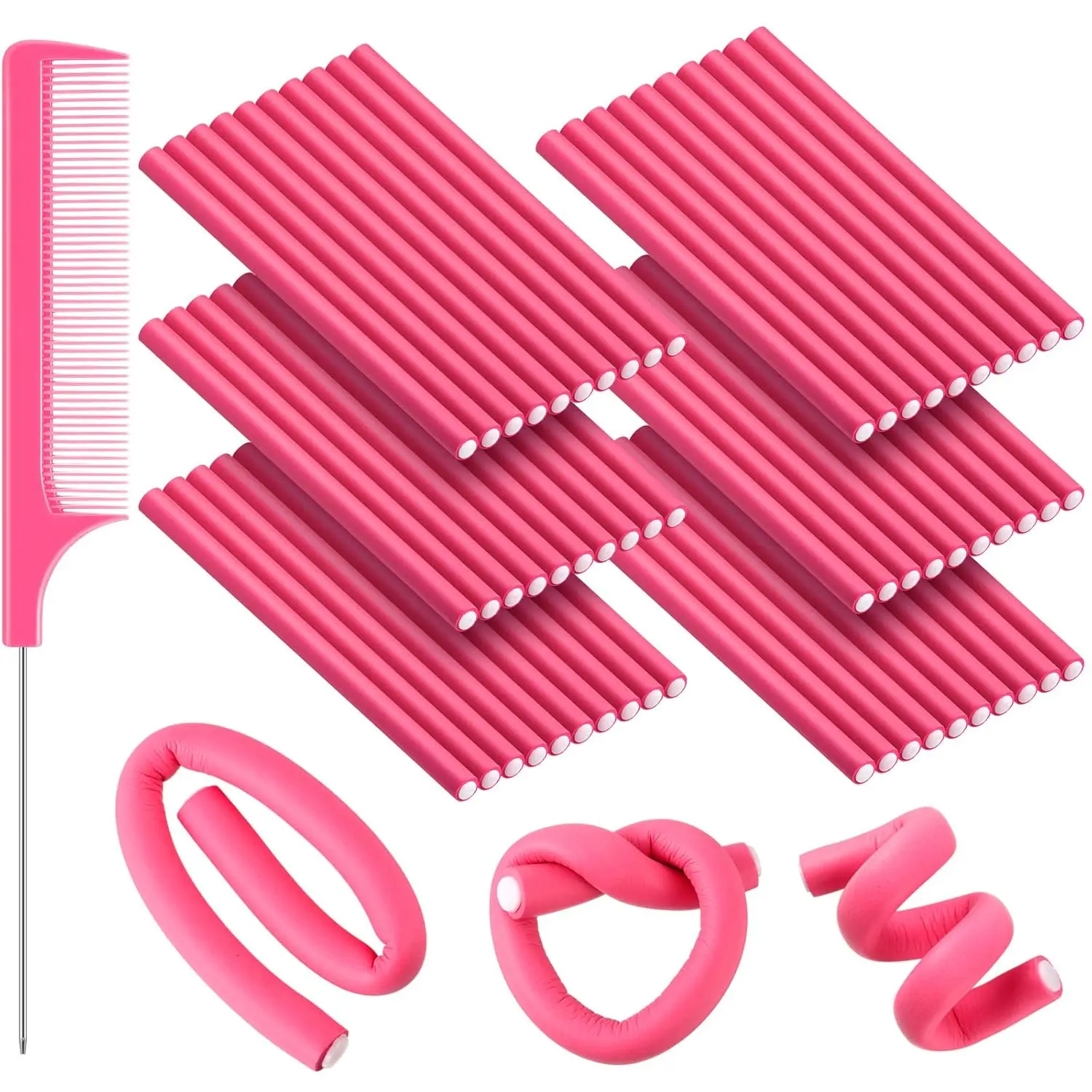 60-Piece Flexible Curling Rods Set for Heatless Curls, Pink Twist-Flex Hair Rollers with 2 Rat Tail Combs for Women, Long & Short Hair, 0.3 x 7 Inch, Easy Curls