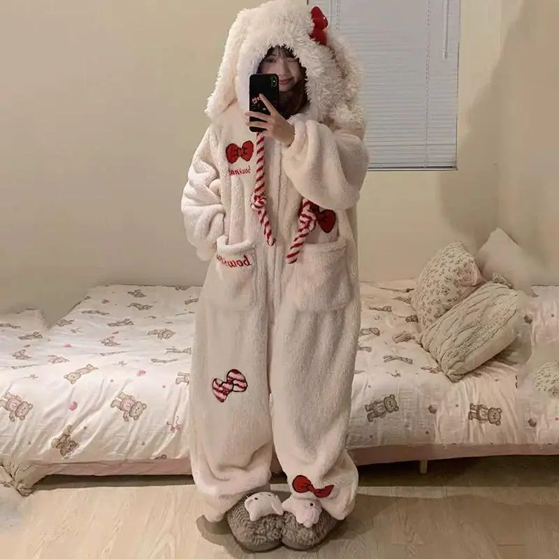 Thickened Winter Pajamas Onesie Coral Fleece Hooded Sleepwear for Cute Girls And Men Home Clothes Outdoor Wearable Cartoon Print