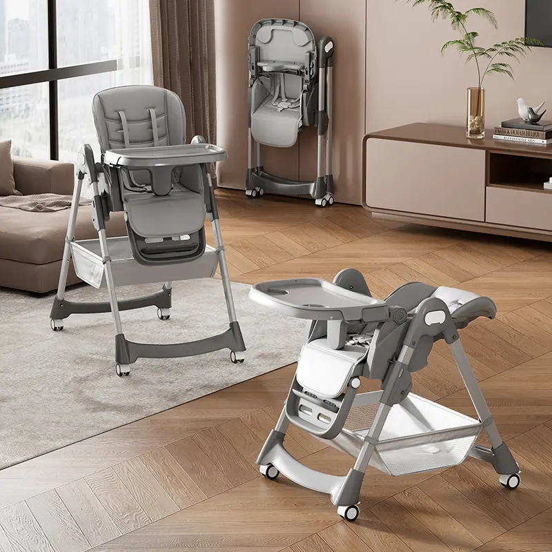 Baby High Chair for Babies and Toddlers, Foldable Infant Feeding Chair with 7 Adjustable Height Positions, 5-Point Safety Harness, Removable Dining Tray, Reclining Seat, Adjustable Footrest, Wheels and Storage Basket, Space-Saving Design, Portable Toddler