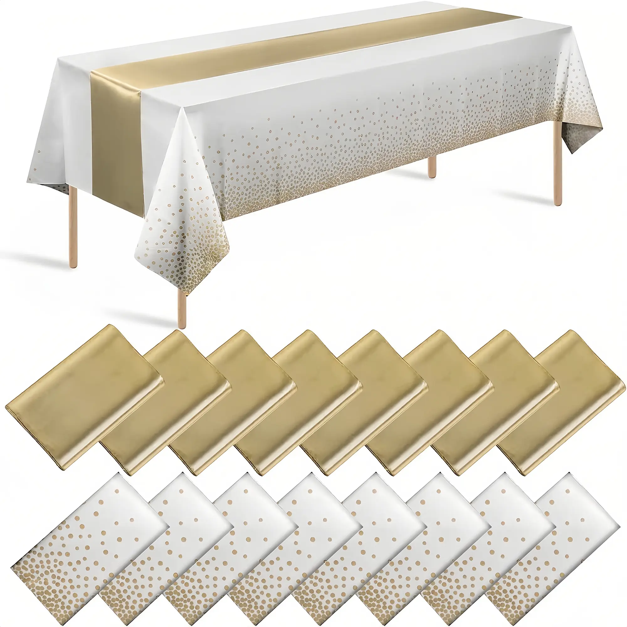 16-Pack Tablecloth and Table Runner Set – 8 White Polyester Tablecloths with 8 Gold Runners, Wrinkle Resistant Reusable Party Decor for Wedding, Banquet & Dining (54"x108" / 12"x108")