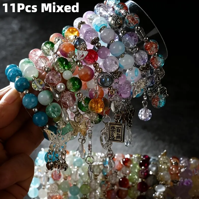11-Piece Bohemian Stackable Bracelet Set, Multi-Layered Colorful Glass Beads with Alloy Pendants, Unisex Casual Jewelry for Daily Wear, Stackable Sets