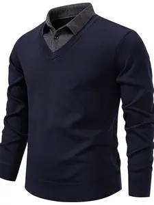 Men's Knit Sweater with Shirt Collar and V-Neck, Soft Knitted Fabric, Denim Texture, Single Button, Slim Fit, Versatile Fashion