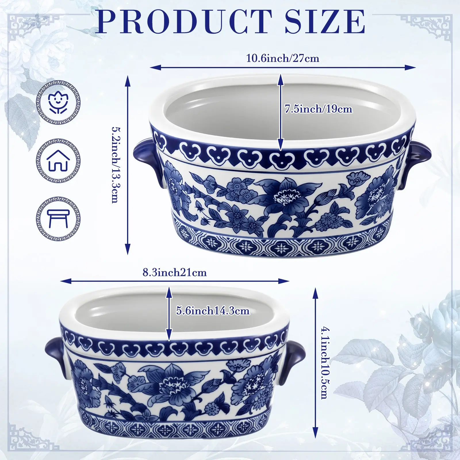 2pcs Blue And White Ceramic Planter Pot Chinoiserie Planter Vintage Floral Oval Cachepot Vase for Indoor Plants Succulents Pot Glazed Chinese Porcelain Style No Drainage (10. 7'' X 8. 3'')