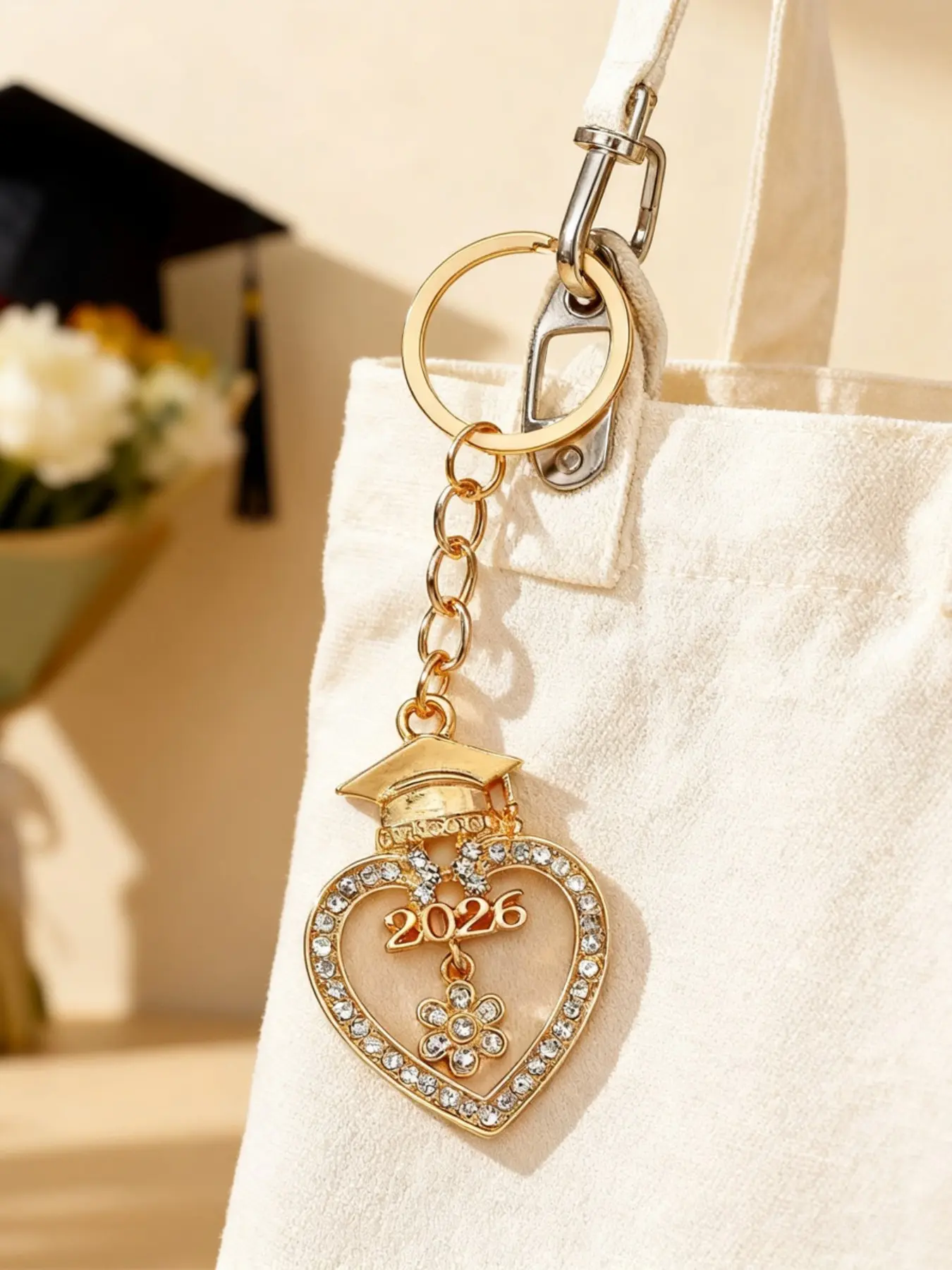 Alloy Rhinestone Heart Graduation Cap Keychain, 2026 Graduation Souvenir, Luxury Gift for Graduates, Bag Charm, Car Key Ring
