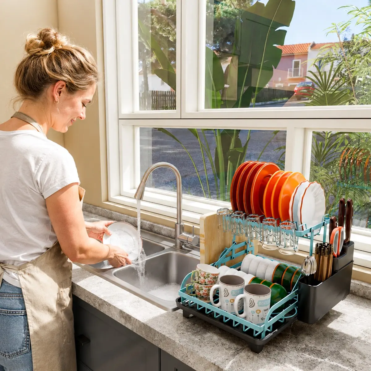 Kitchen Countertop Dual Layer Drain Rack, Multi-Functional Bowl Dish Holder, Utensil Cutting Board Cup Rack, All-In-One Storage Organizer
