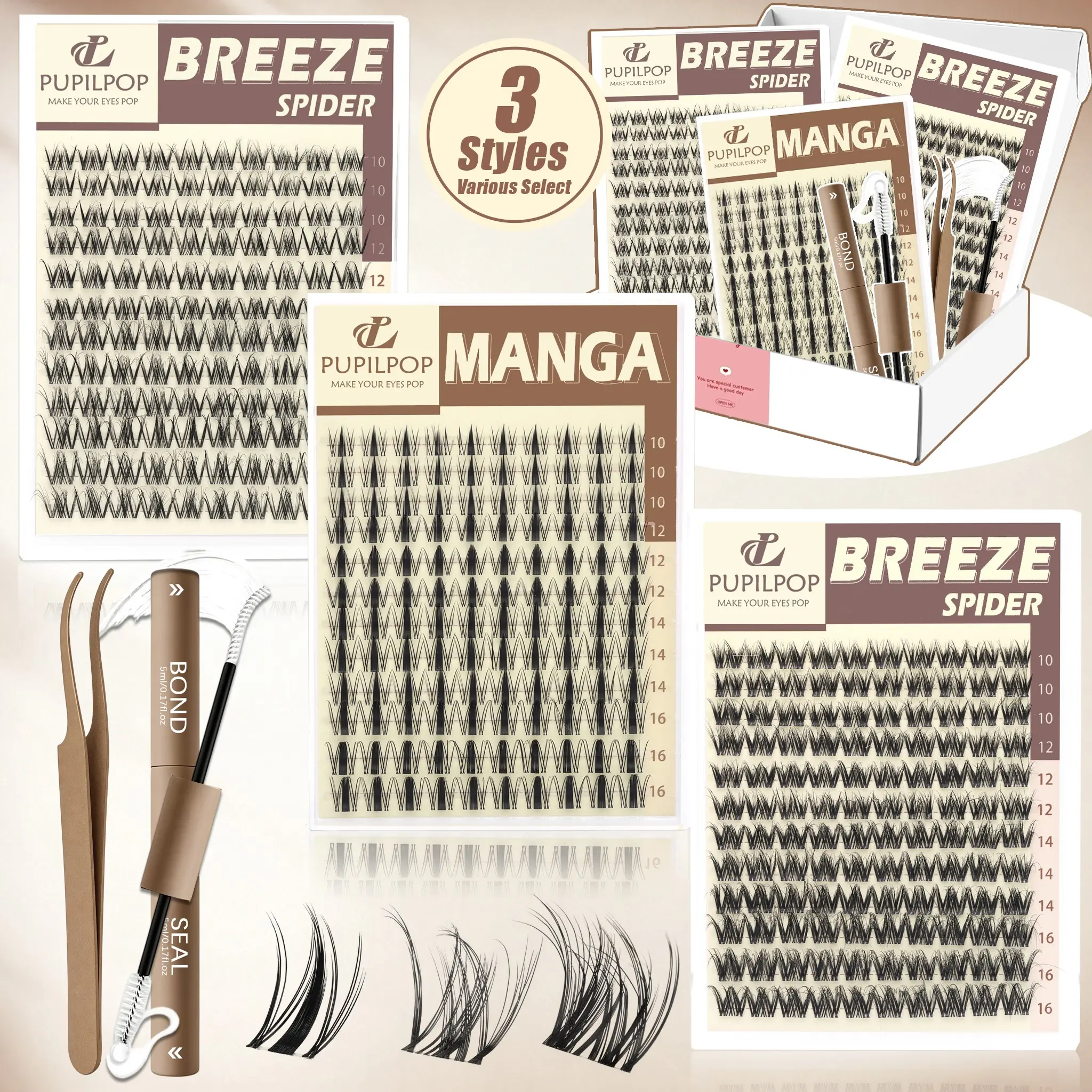 Pupilpop 3 Styles Lash Clusters Kit, 10-16mm Volume-D Curly Manga Lash, Breeze Lash & Spider Lash with 0.05mm Ultra-Soft 0.05mm Band, Includes Tweezers, 2in1 Bond & Seal & Decorative Box Seals, Waterproof, Feather-Light Comfort, Beginner-Friendly