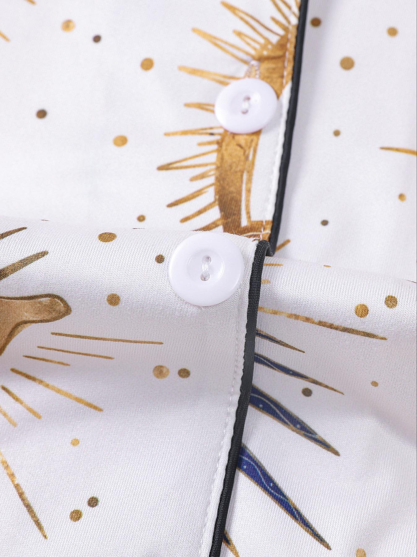 Women's Random Print Pajama Set Loungewear, Casual Comfy Long Sleeve Button Up Top & Elastic Waist Pants PJ Set, Ladies Sleepwear for All Seasons