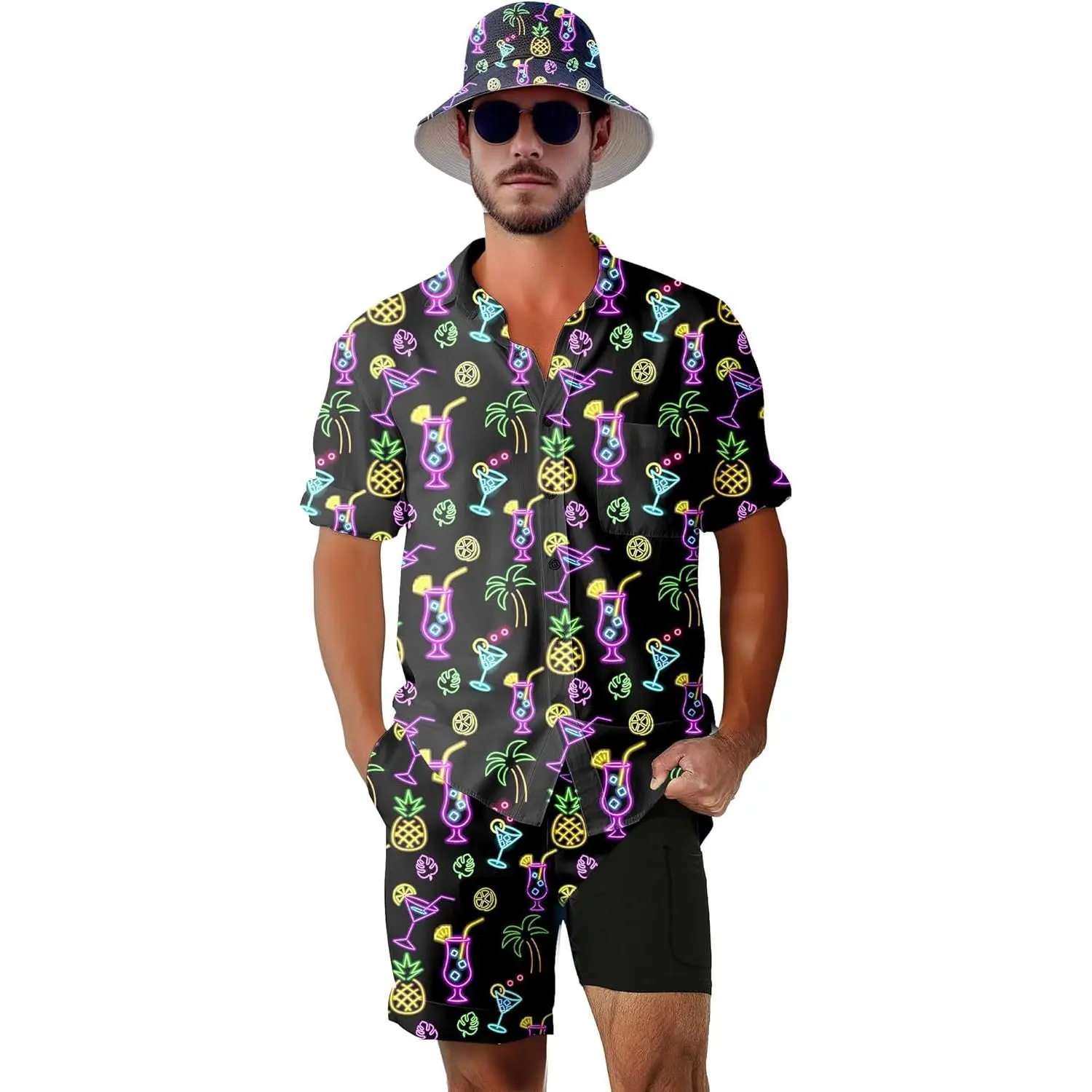 Men's 2-Piece 80s-90s Aesthetic Tracksuit Set - Button-Down Shirt, Shorts, Bucket Hat, Belt for Sunny Birthday, Swim-Inspired Casual Wear, Costumes, Trunks, Pocket, Menswear, Compression