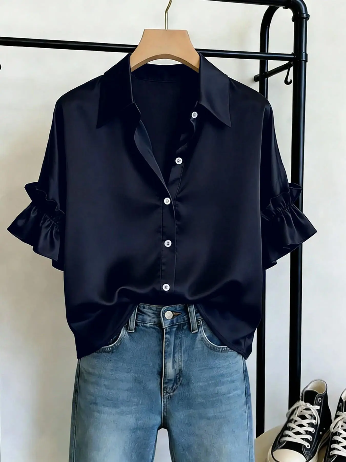 Women's Satin Ruffle Sleeve Shirt, Notched Collar Single Button Short Sleeve, Smooth Lightweight, Elegant Commuter Style