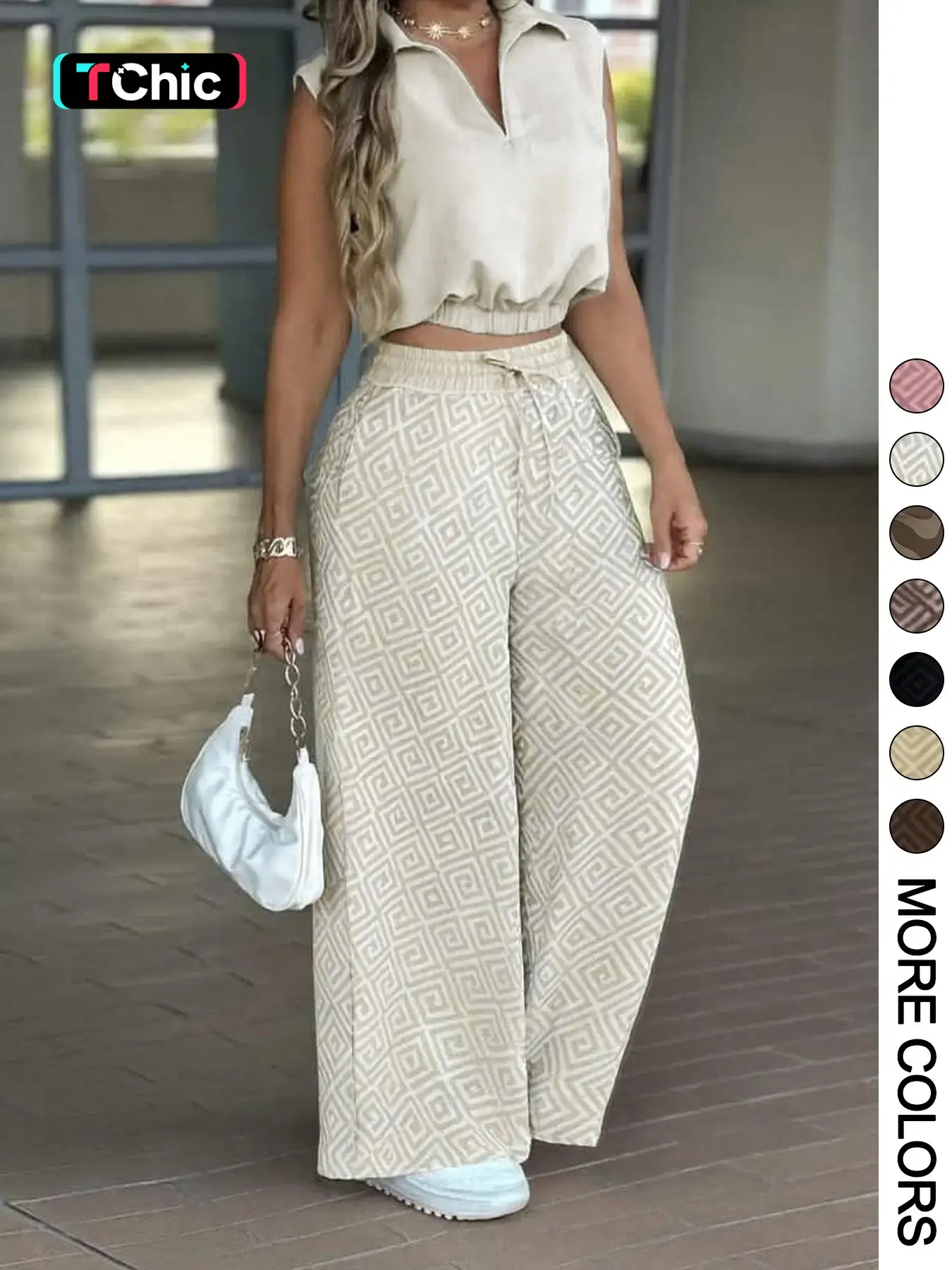 2-Piece Women's Casual Commuter Clothes Set, Sleeveless Collared Waist-Defined Top with High-Waisted Adjustable Drawstring Wide-Leg Pants