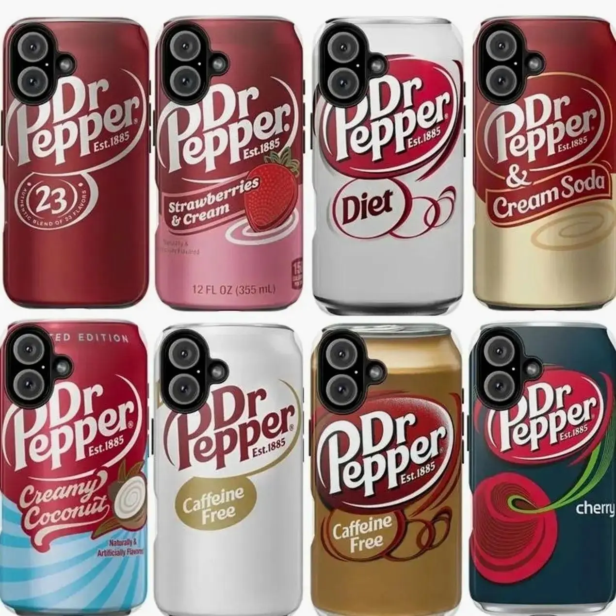 Dr Pepper Themed TPU-Polycarbonate Shockproof Smartphone Case with Protection & Camera Guard - Strawberries & Cream, Coconut, Diet, Cherry Designs - for iPhone 11-17 Pro Max/Plus, Samsung Galaxy S23-25 Devices