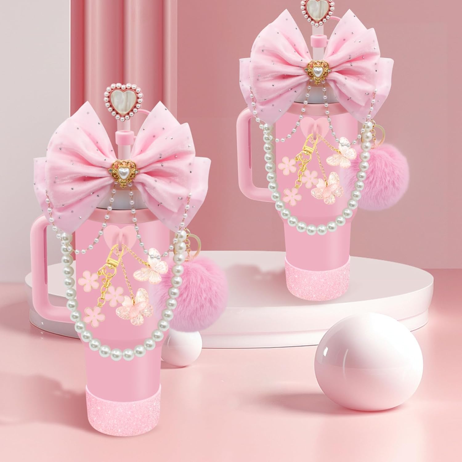 Pink Stanley Cup Accessories Kit with Glitter Bow Straw Topper Heart Cover Pearl Handle Strap Boot Pom Pom Charms for 40 30 20 Oz Tumblers