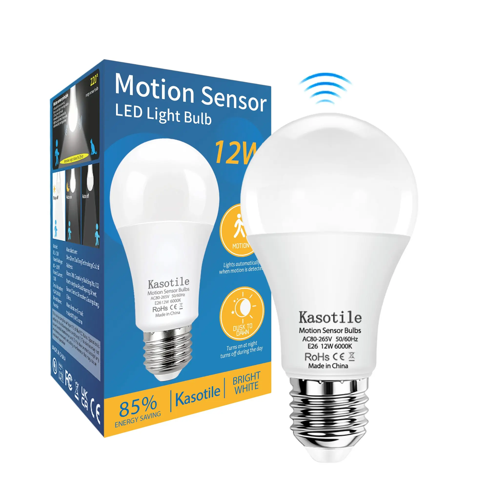 Kasotile Motion Sensor Bulb, Light 9w/12w LED Screw Ball Bulb, Direct Use, Easy Installation, Energy Saving, Full Hall Illumination, Light Bulbs