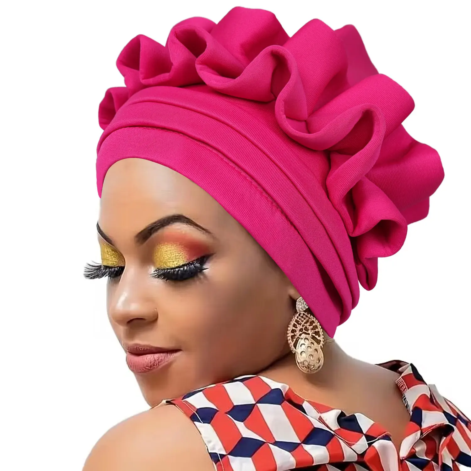 Women's No Purple Ethnic Stretch Fabric Hair Bonnet - African-Style Pleated Waves Head Wrap, Wrinkled Texture Accessory, Unisex 1-Size Fitted, Machine Washable for Daily/Night Sleep Hair Protection