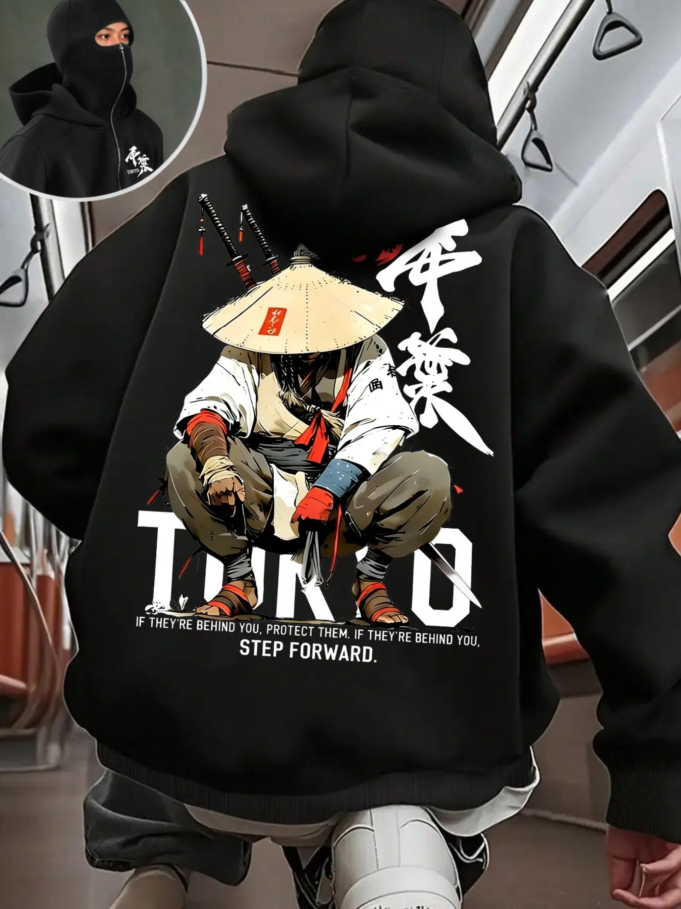 Zip Up Balaclava Hooded Jacket, Front Japanese Kanji Tokyo Print & Back Samurai Sword Figure Letter Slogan Graphic, Kangaroo Pocket Oversized Japanese Street Sweatshirt for Hip Hop Skate Daily Casual Outfits#SamuraiStreetwear #BalaclavaZipHoodie