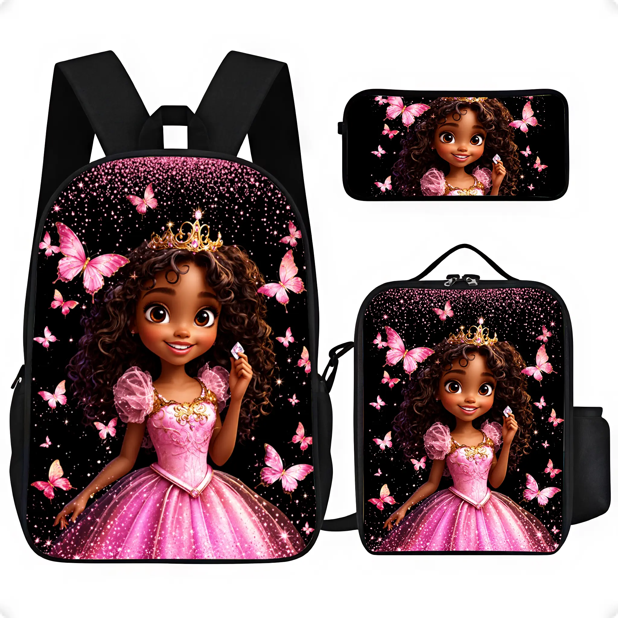 Princess School Backpack for Girls - Pink Butterfly Bookbag with Optional Lunch Bag & Pencil Case, Trendy Unique Design, Ideal Back-to-School Daily Study Combo, Perfect Gift #TikTokMadeMeBuyIt, Polyester Edit