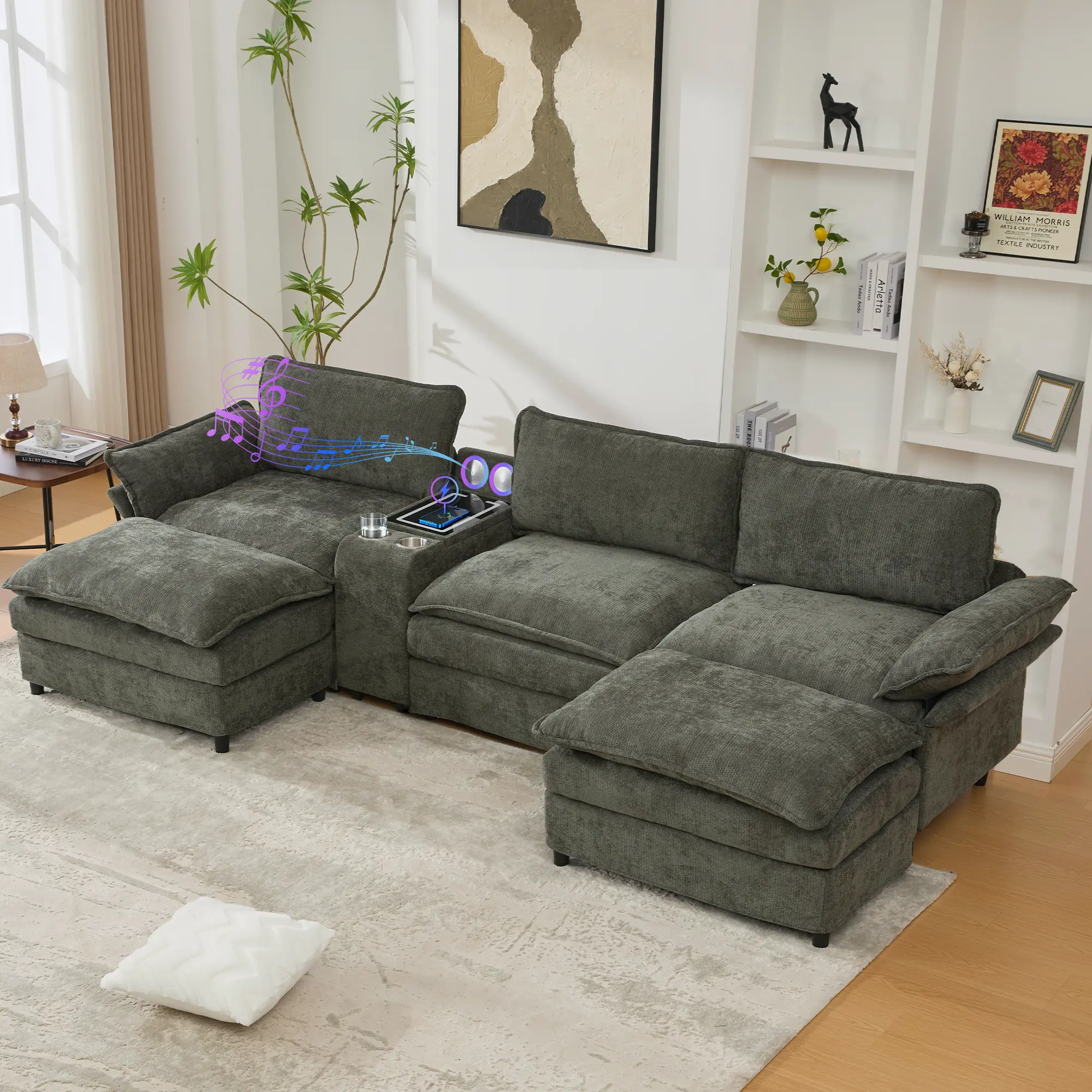 Modern U-Shaped Arch Modular Sectional Sofa with Built-In Cup Holders, Storage Console, Wireless Charging, Bluetooth Speakers, Movable Footstools, Adjustable Handrails, Movable Seat, Chenille Fabric, Green Indoor Living Room Furniture for Apartment Lounge