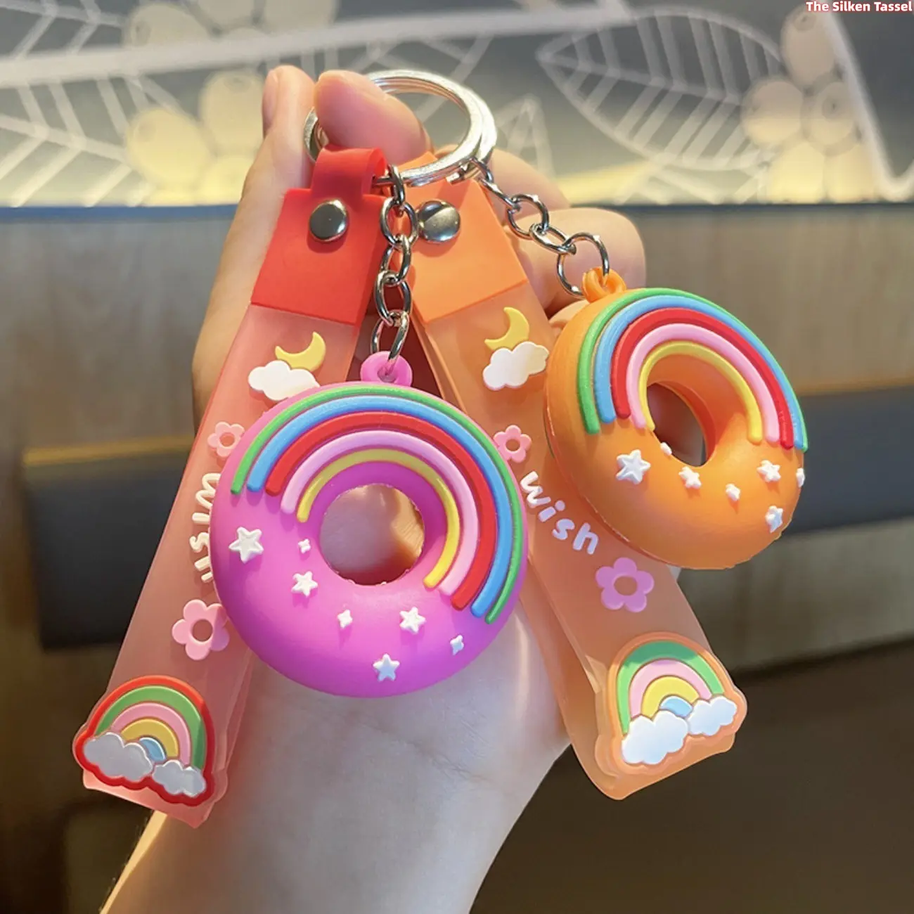 Rainbow Donut Keychain for Girls, 3D Food-Themed Collectible Silicone Bag Charm with a Star & Moon Wrist Lanyard for Backpacks & Keys, Collectibles, With Lanyard, 2Pcs, Girls' Keychain, Donut Shape, Multipack, Gift Ideas