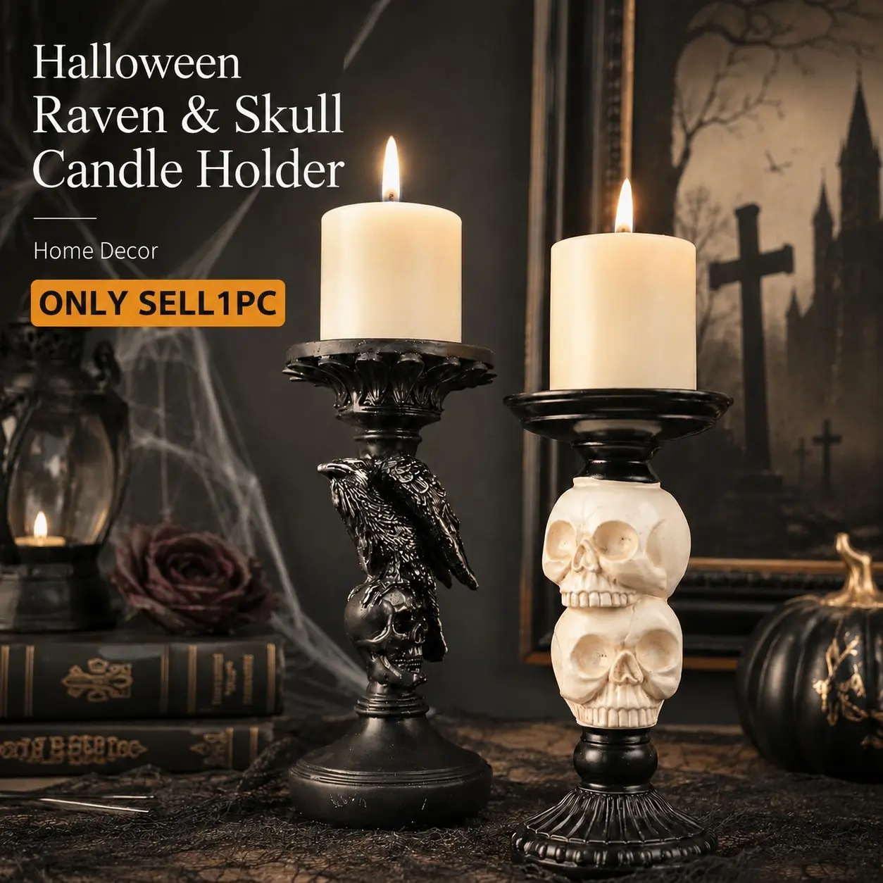 Halloween Raven & Skull Candle Holder Set, Gothic Resin Candle Stand, Home Decor for Table, Shelf & Party, Elegant Halloween Decoration, Candlestick Holders