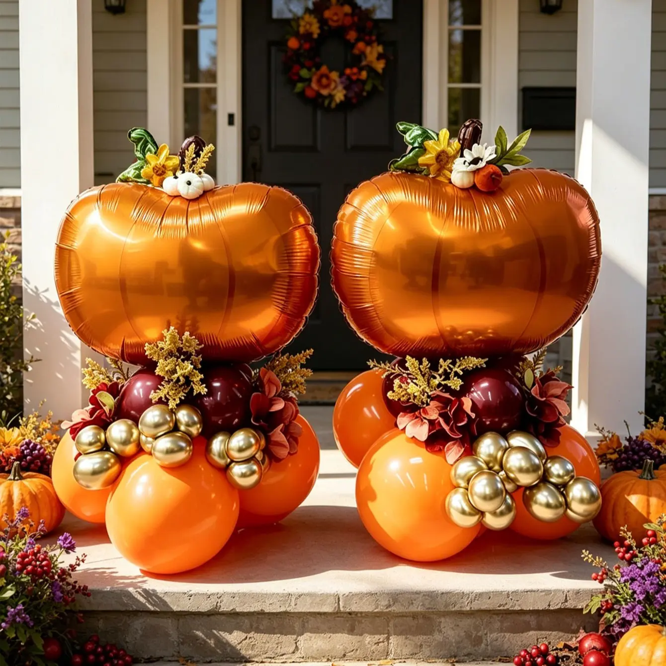 15 Piece Fall Harvest Thanksgiving Balloon Column, Pumpkin Aluminum Balloons, Latex Balloons, Long Balloons, Balloon Column Kit