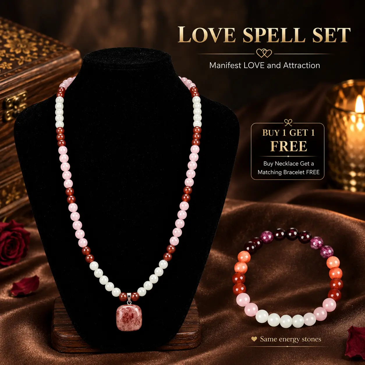 Arpurraina Love Spell Jewelry Set – Rose Quartz & Strawberry Quartz Crystal Beaded Necklace and Bracelet Set for Manifesting Love, Romance & Self-Love – Spiritual Gift for Her，Natural Healing Crystal  &BOGO Gift for Women,   bundle