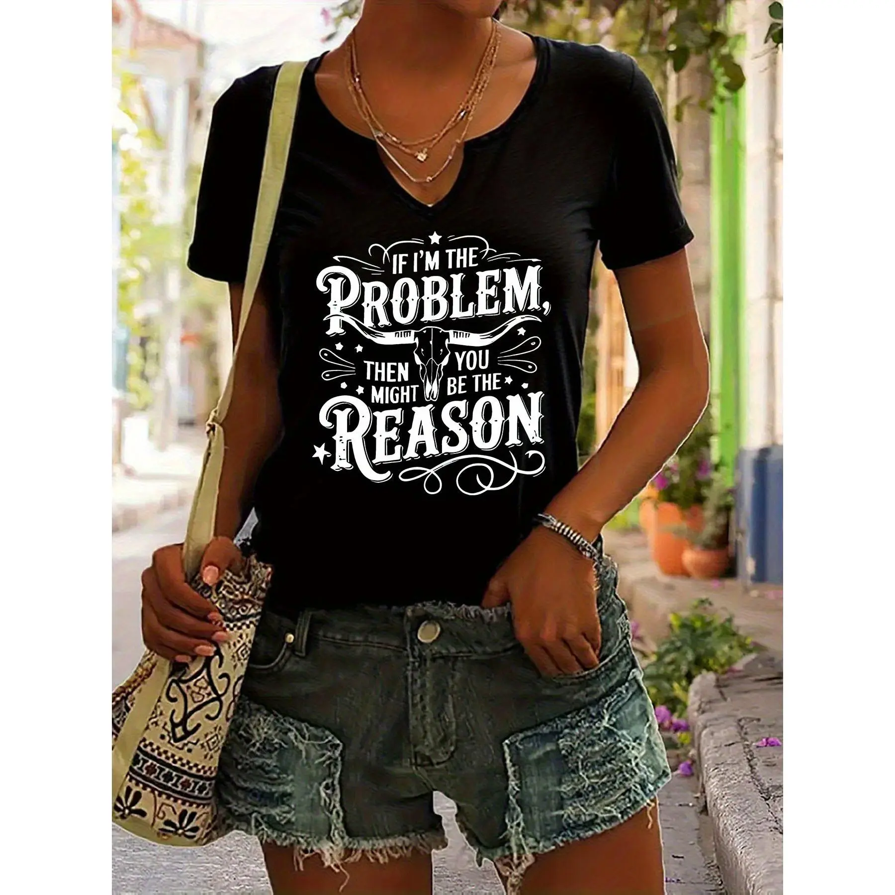 Women'S Casual V-Neck T-Shirt - "If I'm the Problem, You're the Answer" Letter Print, Short Sleeve, Summer Top, Trendy Casual Attire, Ladies T Shirts