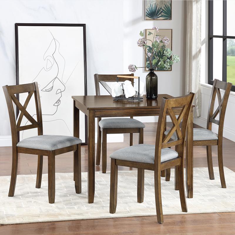 5 Piece Modern Dining Set, Square Wooden Dining Table with 4 Upholstered Chairs for Kitchen, Dining Room, Walnut