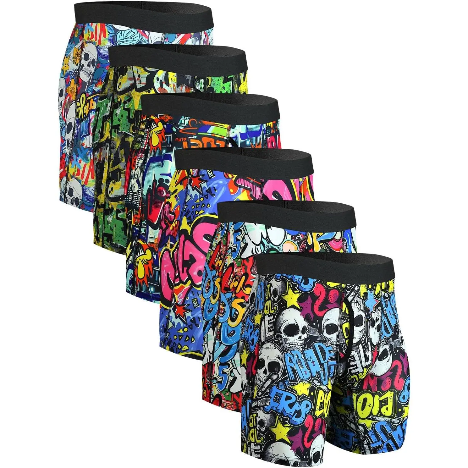 6 Pcs Men’s Athletic Long‑Leg Boxer Briefs, Vibrant Graffiti Skull Print Design, Elastic Breathable Fabric with Moisture‑Wicking Function, Pouch Support Comfort Fit Trunks Underwear for Sports Training and Daily Wearing