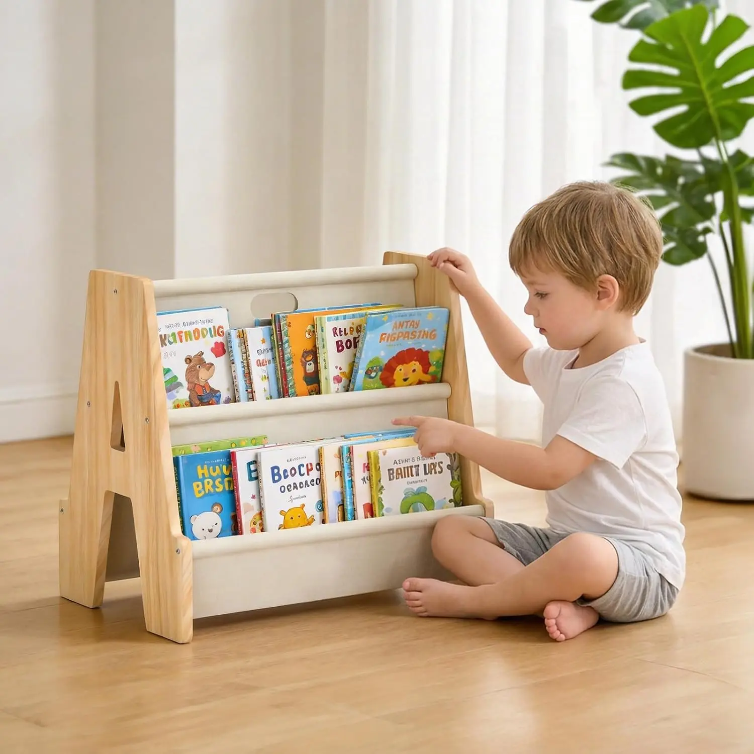 Kids Bookshelf Wooden Montessori Toddler Bookshelf Solid Pine A-Frame Child Book Shelf with Handle, Portable Double-Sided Kids Nursery Book Organizer Bookcase Easy Install for Study Room
