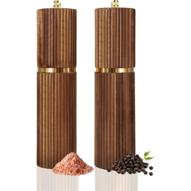 2 Pack Acacia Wooden Salt and Pepper Grinder Set  Refillable Manual Salt and Pepper Mills with Adjustable Ceramic Core, Gold Stainless Steel Decor Kitchenware Kitchen Home Gift for Birthday Christmas