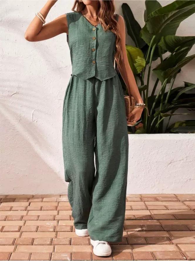 Women's 2 Piece Vest and Pants Set, Casual Button Down Waistcoat and Wide Leg Pants Matching Outfit Women's 2 Piece Vest and Pants Set, Casual Button Down Waistcoat and Wide Leg Pants Matching Outfit
