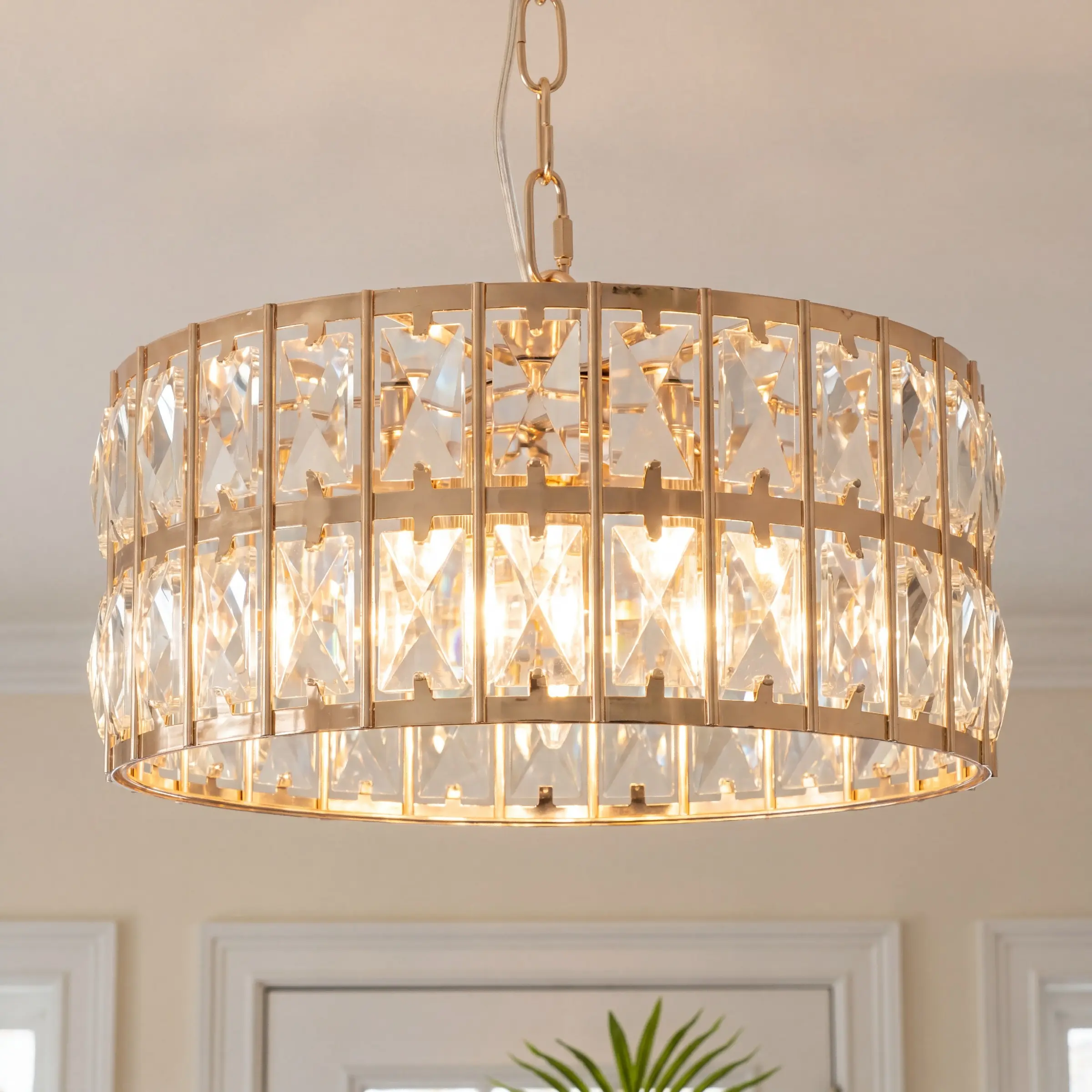1pc Gold Crystal Ceiling Light, 12-Inch Round Flush Mount Chandelier, Modern Dimmable Adjustable Height E14 Base Ceiling Light Fixture with K9 Crystal, For Dining Room Kitchen Island Living Room Bedroom Hallway Foyer, Bulbs Not Included