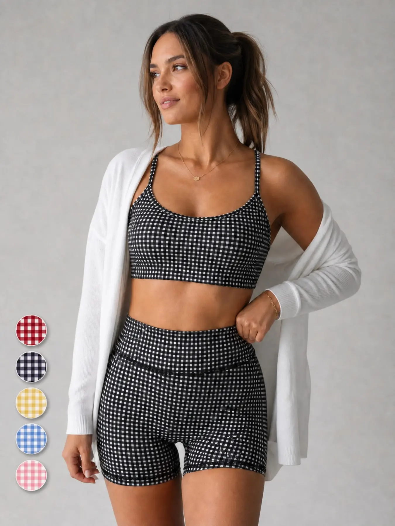 Leisurewear Plaid Gingham Printed Cropped Cami Top And High Waisted Short Two Pieces Active Gym Workout Set Summer Casual World Cup Fan Outfit