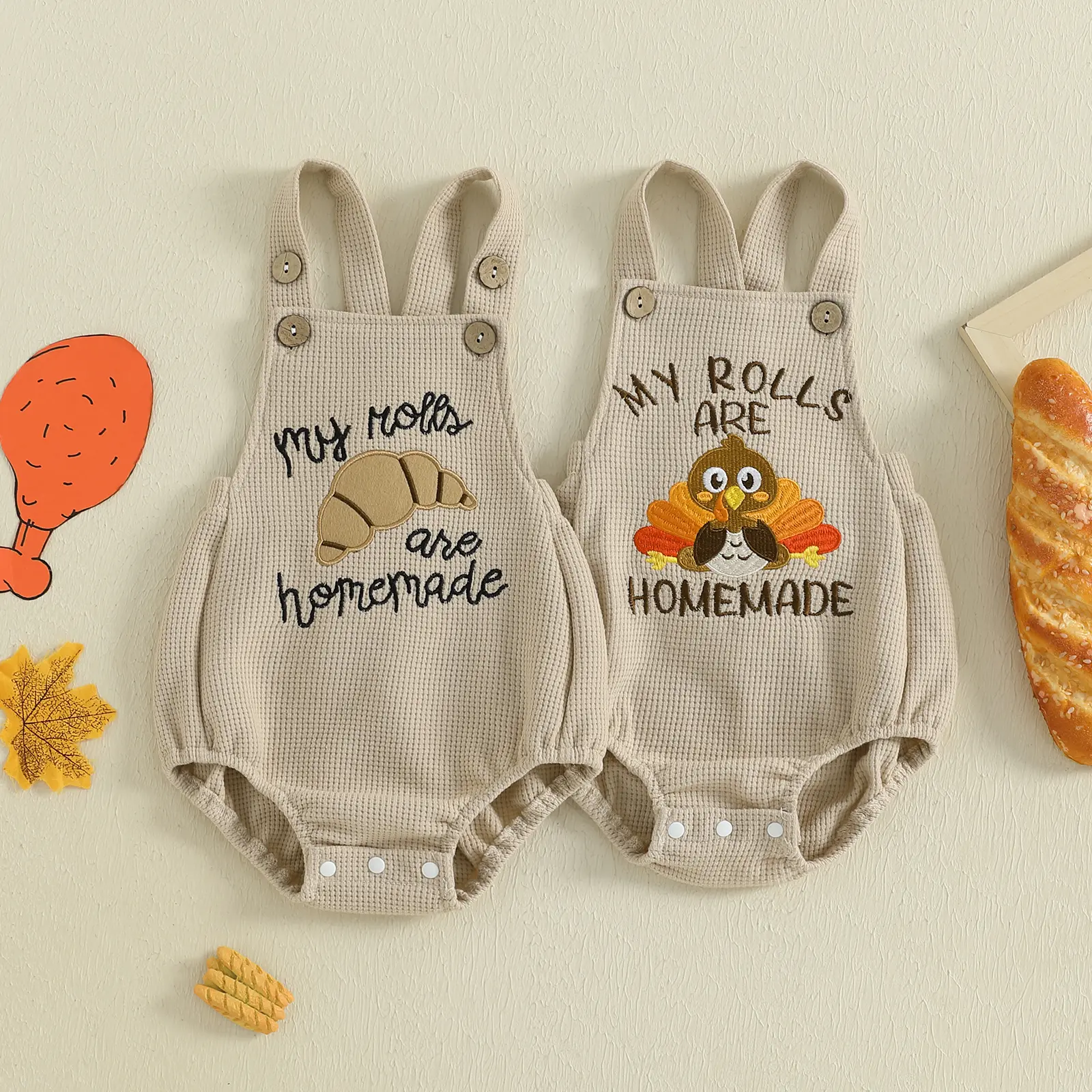 Babamoon Newborn Infant Baby Boy Girl Thanksgiving Romper Turkey Embroidery Sleeveless Waffled Overall Jumpsuit Bodysuit