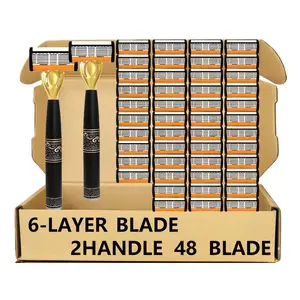 Men's 6-Blade Safety Razor Set - Includes 2 Handles & 48 Replacement Cartridges.Dermatologically gentle on sensitive skin, pairs well with shaving cream for a smooth, effortlessshave on thick, coarse beards. Shaving Razors Shaving Products