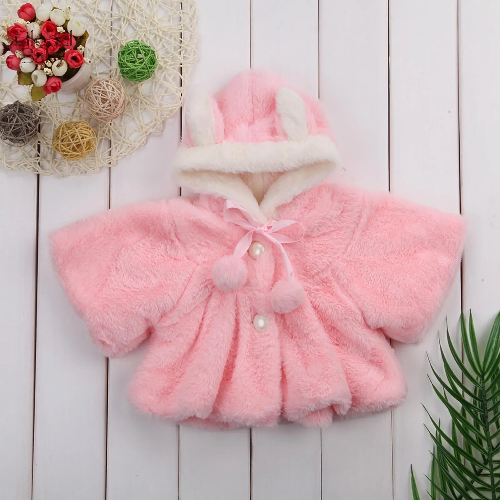 Baby Girl Faux Fur Coat Pearl Button Bow Cute Bunny Ear Hooded Outwear Thick and Warm Jacket