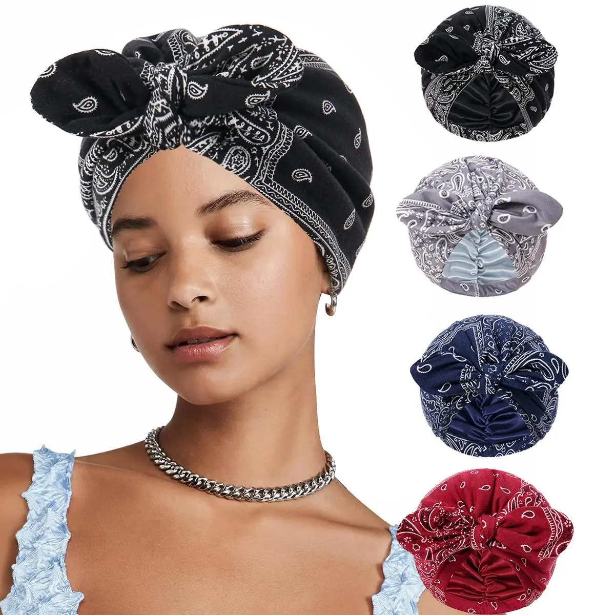 4Pcs/Pack Ladies' Bohemian Ethnic Style Retro Cashew Flower Print Headscarf Hat, Detachable Bow Rabbit Ear Design, Elastic and Elastic Hair Tie Hat, Hand Washable, Soft Polyester Fabric, Lightweight and Comfortable Ladies' Hat, Ideal Christmas Gift