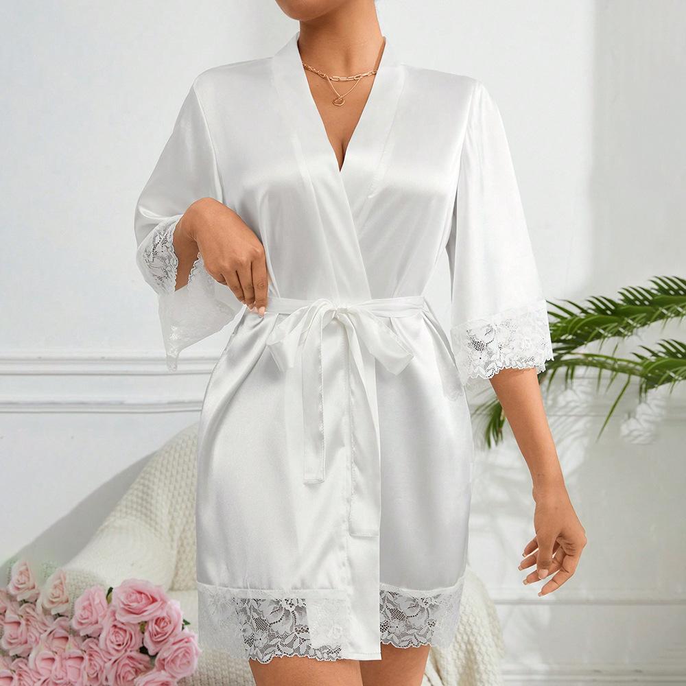 2026 New Ladies Elegant Satin Robe Lace Trim Kimono Short Sleepwear Nightgown V Neck Belted Bridal Loungewear Bridesmaid Gift
