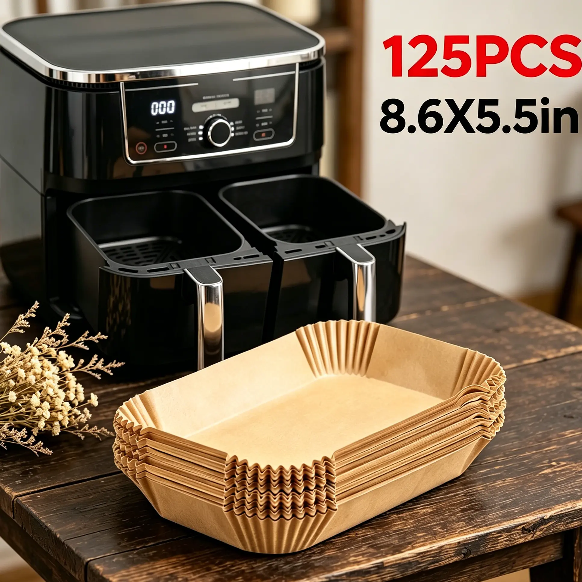 125 Rectangular Air Fryer Parchment Liners, Heavy-Duty Nonstick Unbleached Baking Paper Sheets, Food-Grade Heat-Resistant Greaseproof Waterproof Mats for Dual-Zone Oven/Air Fryer, Dinner Prep Kitchen Essentials