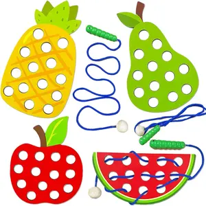 4 Pack Wooden Lacing Toy, Educational Threading Activity Puzzles, Learning Fine Motor Skill Travel Toy, Wooden Fruit Threading Set for Toddlers Kids 3 4 5 Year 1 Apple, 1 Watermelon, 1 Pineapple, 1 Pearfidget toys